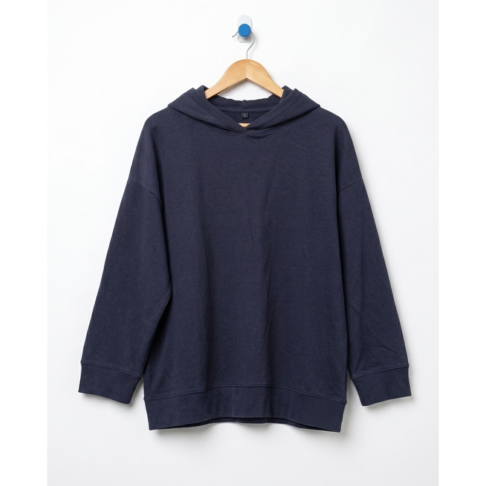 Eileen Fisher Tencel Organic Cotton Navy Blue Hooded Pullover Sweatshirt XL